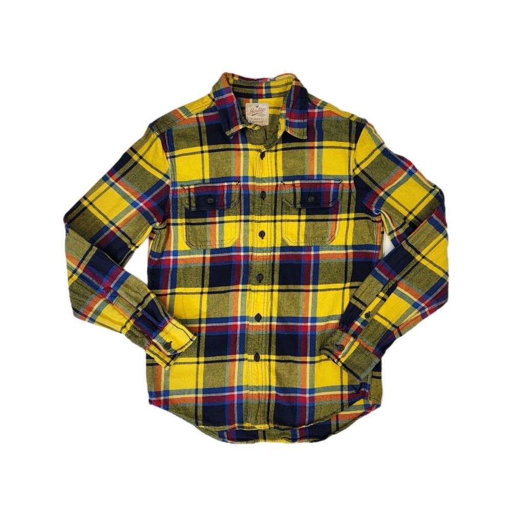 American Eagle Heritage Flannel Shirt Men Small Yellow Plaid Long Sleeve Button